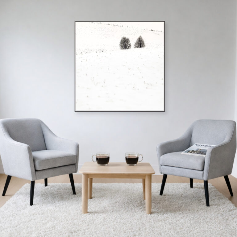 Lees meer over het artikel Twee bomen in een minimalistisch sneeuwlandschap.